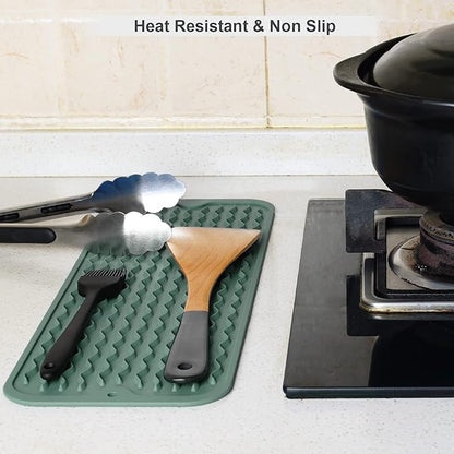 ZLR Silicone Sponge Holder & Sink Caddy Tray (6" x 17") - Narrow Dish Drying Mat for Kitchen Counter - Waterproof Soap Dispenser Organizer, Non-Slip Bathroom Vanity Tray (Dark Green)