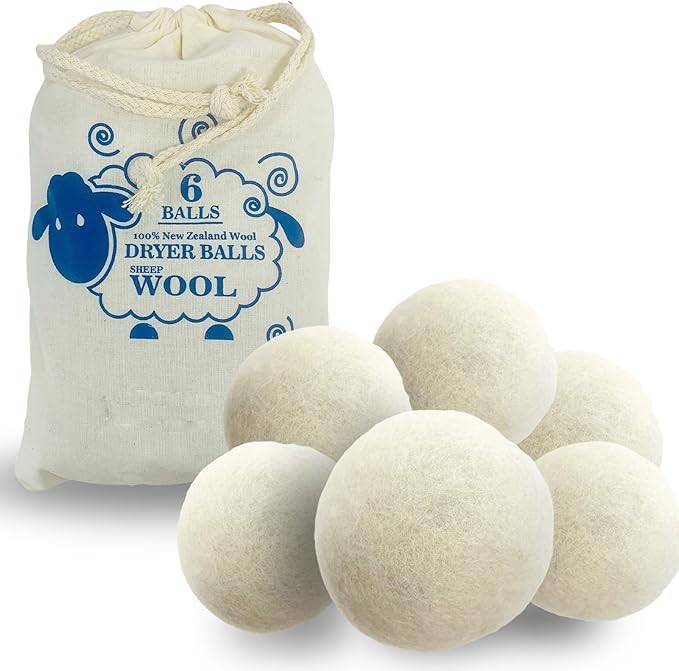 Large Size Organic Fabric Softener Balls, Wool Dryer Balls Laundry Reusable, Reduce Wrinkles & Static Cling, Shortens Drying Time (Pack of 6) (White)