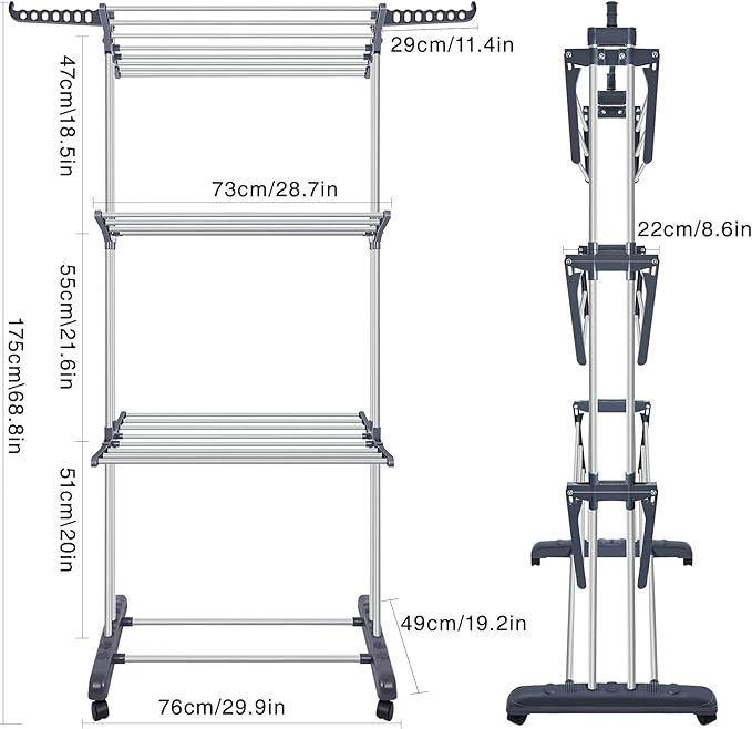Clothes Drying Rack, Large 3-Tier Rolling Folding Dryer Hanger Storage Collapsible Garment Rack Standing Rack with Foldable Wings and Casters for Indoor Outdoor