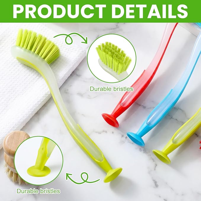 Boao 15 Pieces Long Dish Brush with Handle Assorted Color Dishwashing Brush with Suction Cup Multipurpose Cleaning Tool for Kitchen, Toilet, Etc
