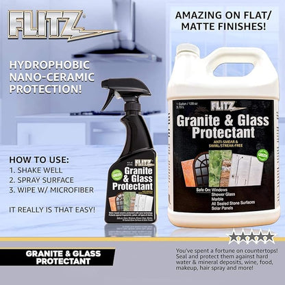 Flitz Granite & Glass Protectant - 16oz Bottle of USA-Made Granite Sealer and Glass Countertop Protector - Cleans & Prevents Liquid, Stains, & Others - Also Works on Marble & All Metals (12 Pack)