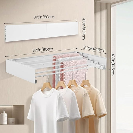 Wall Mounted Laundry Drying Rack, Carbon Steel Foldable & Retractable Clothes Drying Rack, Space Saving Adjustable Towel Holder for Bathroom, Laundry, Small Spaces (1, White, 80cm)