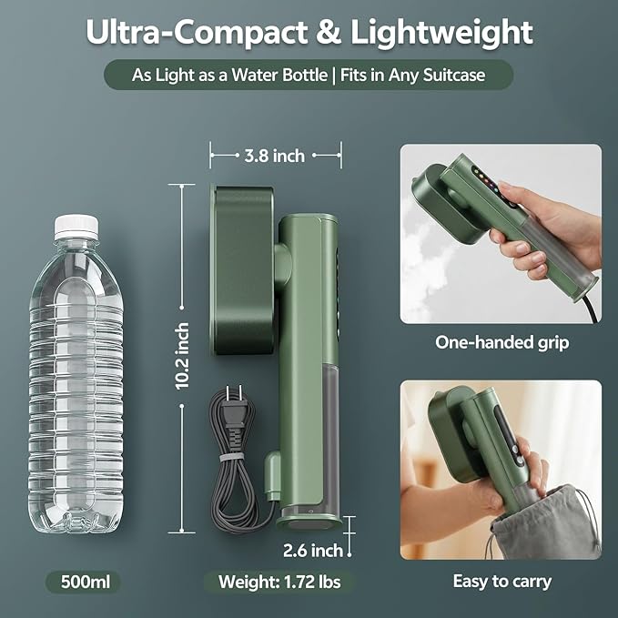 Portable Garment Steamer for Clothes, 100-220V Handheld Travel Steamer for Global, 2-in-1 Compact Clothes Steamer & Iron with 20g/min Steam, 90° Rotating Head Wrinkle Remover for Home & Travel(Green)