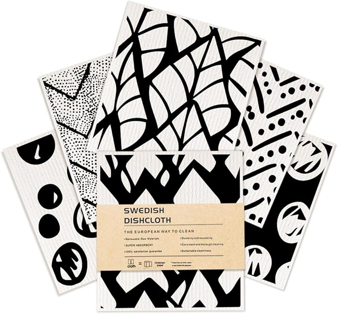 6 Pack Swedish Reusable Kitchen Dishcloths, Black White Geometric Cellulose Sponge Cloths, Washable Absorbent No Odor Eco Towels, Dish Washing Cleaning Supplies
