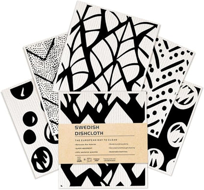 6 Pack Swedish Reusable Kitchen Dishcloths, Black White Geometric Cellulose Sponge Cloths, Washable Absorbent No Odor Eco Towels, Dish Washing Cleaning Supplies