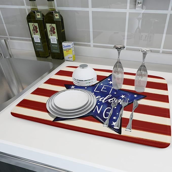 Patriotic Watercolor Stars Stripes Dish Drying Pad 18 x 24 Inch With Absorbent Reversible Microfiber 4th of July Memorial Day Drying Mats Dish Drainer Mat Fast Dry For Kitchen Dining Room