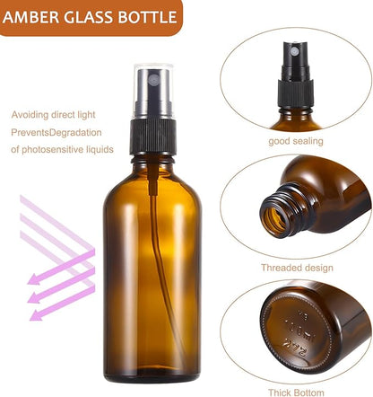 3.4 oz Amber Glass Spray Bottles,Empty Fine Mist Refillable Travel Spray Bottle for Cleaning,Perfume,Aromatherapy,Cosmetic Sprays,Hair,Essential Oils with Fine Mist Dispenser（6 Pack）