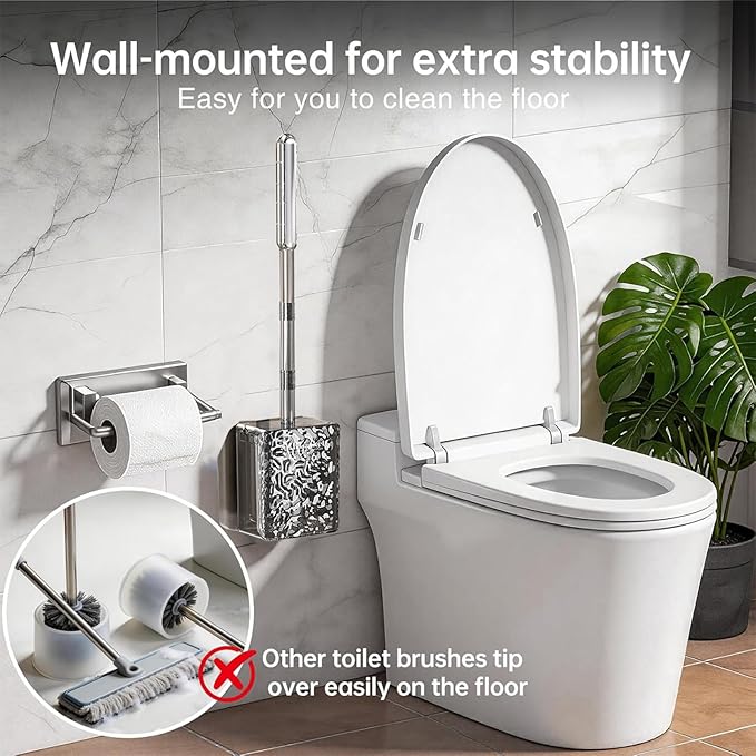 Silicone Toilet Brush with Holder Deep Cleaning Toilet Brush with Flexible Bristles Floor Standing & Wall Mounted Space Saving for Bathroom Modern Design Quick Drying Easy to Assemble Gray