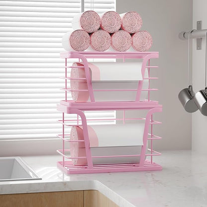 2 Pack Pink Trash Bag Holder - Stackable Garbage Bag Dispenser with Bamboo Top, Kitchen Accessories & Decor, Wall Mount Storage for Kitchen, Home, Bathroom Decor & Gifts