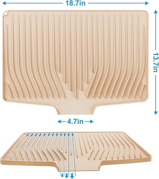 Silicone Dish Drying Mat for Kitchen Countertops and Sinks,19 x13.7 Inch Non Slip Heat Resistant Mat with Built In Drainage System,For Refrigerator and Drawer Liners (beige, 19 x13.7 Inch)