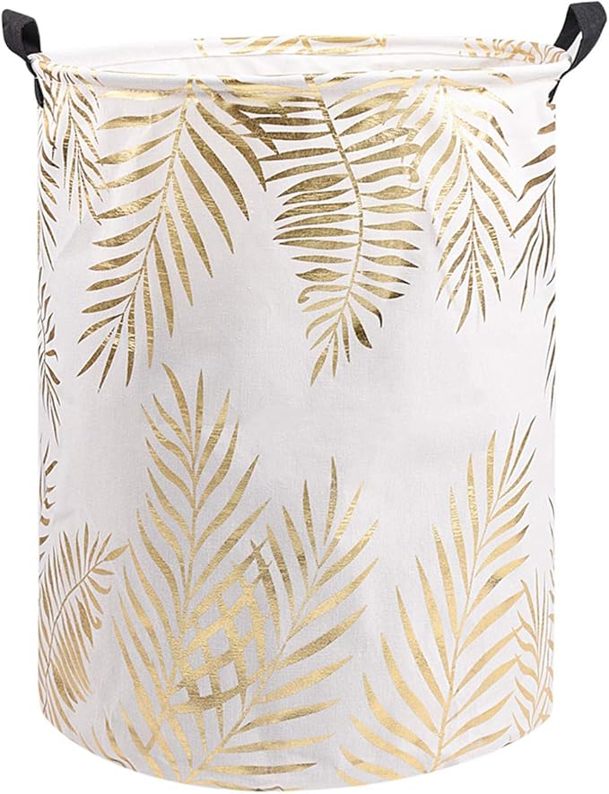 UUJOLY Collapsible Laundry Basket, Laundry Hamper with Handles Waterproof Round Cotton Linen Laundry Hamper Printing Household Organizer Basket, 19.7x15.7 inches (Gold leaf)