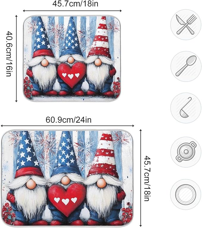 Three Cute Gnomes Pattern Dish Drying Mat for Kitchen Counter Super Absorbent Drying Mat 16x18 inch Large Dish Drying Matts for Countertop Protector Dishes Pad