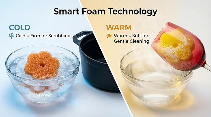 Scrub Flower Temperature Sensitive Sponges -Non-Scratch Scrubbers for Kitchen & Home - Firm in Cold & Soft in Warm Water - Odor Resistant Color-Coded Dish Sponges (Golden Sunflower, 3 Count)