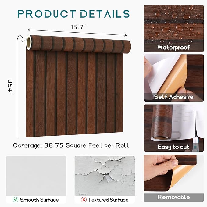 VEELIKE Walnut Wood Slat Peel and Stick Wallpaper Wood Contact Paper for Walls Waterproof Dark Brown Wood Wallpaper 15.7''x354'' Self Adhesive Wood Slat Vinyl for Bedroom Accent Wall Décor Removable