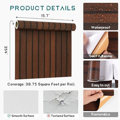 VEELIKE Walnut Wood Slat Peel and Stick Wallpaper Wood Contact Paper for Walls Waterproof Dark Brown Wood Wallpaper 15.7''x354'' Self Adhesive Wood Slat Vinyl for Bedroom Accent Wall Décor Removable