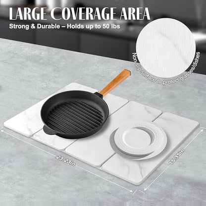 Large Stone Dish Drying Mats for Kitchen Counter, 24"(L)×16"(W) Marble pattern, Drying Collapsible Dish Drying Mat, Eco-Friendly Absorbent Diatomaceous Earth Mats for Dishes Bottles Cups