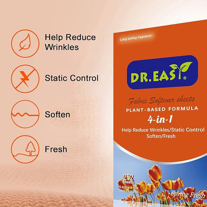 DR.EASY Dryer Sheets Plant Based Formula 252 Ct Fabric Softener sheets for Laundry Spring Fresh Essential Oil Scented No Artificial Fragrances No Dyes Reduce Static & Wrinkles Help Repel Pet Hair