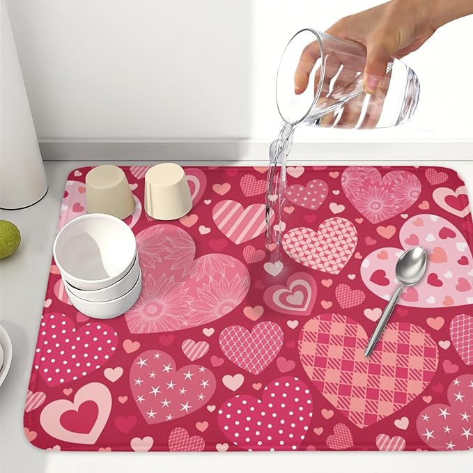 Valentine's Day Dish Drying Mat 18 x 24 Inch Heart Shaped Pattern Dish Drying Pad Absorbent Microfiber Mats for Red Dish Rack Pad for Kitchen Counter Coffee Bar Decor