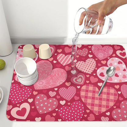 Valentine's Day Dish Drying Mat 18 x 24 Inch Heart Shaped Pattern Dish Drying Pad Absorbent Microfiber Mats for Red Dish Rack Pad for Kitchen Counter Coffee Bar Decor