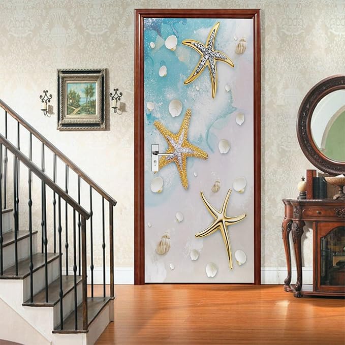 A.Monamour 3D Door Stickers for Interior Doors Nautical Pattern with Starfish Shells on Sandy Beach Vinyl Waterproof Self Adhesive Door Mural Decals for Bedroom Office Bathroom 85x215cm