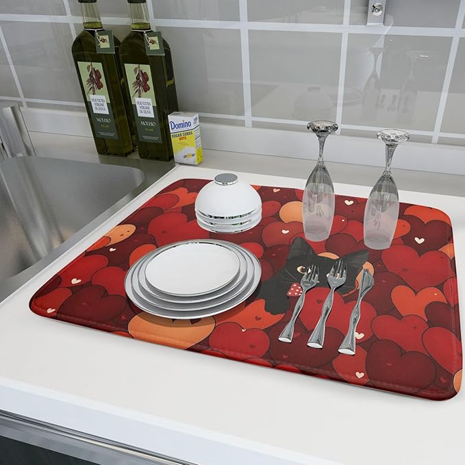 Valentine's Day Dish Drying Mat 18 x 24 Inch With Absorbent Reversible Microfiber Black Cat Red Heart Drying Anniversary Wedding Dish Drainer Mat Fast Dry For Kitchen Dining Room Decor
