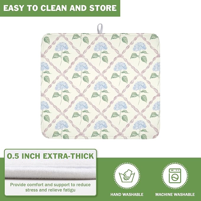 Hydrangea Floral Dish Drying Mat for Kitchen Counter Watercolor Blue and Pink Flower Drying Mat 16x18 Inch Rustic Elegant Absorbent Dish Drainer Mat Kitchen Accessories