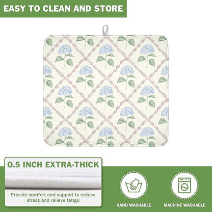 Hydrangea Floral Dish Drying Mat for Kitchen Counter Watercolor Blue and Pink Flower Drying Mat 16x18 Inch Rustic Elegant Absorbent Dish Drainer Mat Kitchen Accessories