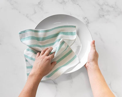 Martha Stewart Microfiber Cleaning Cloths, Ultra-Absorbent, Lint-Free Cleaning Towels for Home & Kitchen, Teal Stripes, 11 Inches, 24 Count
