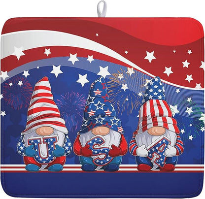 Kawani 4th of July Dish Drying Mat 16x18 Inch Spring Summer Patrioti Gnome Memorial Kitchen Mats Independece Day Absorbent Dishes Pad for Kitchen Counter Usa Stars Drying Mat Home Decor Countertops