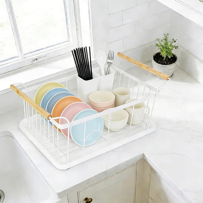 Dish Racks for Kitchen Counter, Thickened Metal Dish Drying Rack with Wooden Handles, Kitchen Countertop Organizer for Dishes, Spoons and Forks, No Assembly, White, 16.7''*12.6''*5.12''