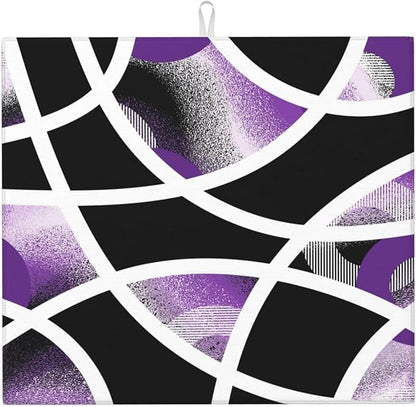 Purple Black White Geometric Abstract Dish Drying Mat for Kitchen Counter & Sink, Absorbent Microfiber Drying Pad for Dishes, Foldable Modern Art Kitchen Mat for Dining Area & Home Decor, 16" x 18"