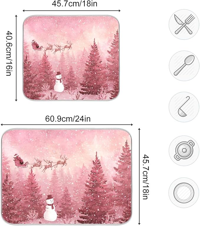 Christmas Forest with Snow Falling Santa Dish Drying Mat for Kitchen Counter Super Absorbent Drying Mat 18x24 inch Large Dish Drying Matts for Countertop Protector Dishes Pad