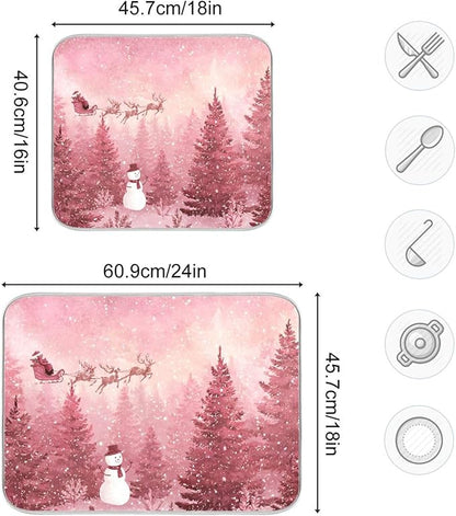 Christmas Forest with Snow Falling Santa Dish Drying Mat for Kitchen Counter Super Absorbent Drying Mat 16x18 inch Large Dish Drying Matts for Countertop Protector Dishes Pad