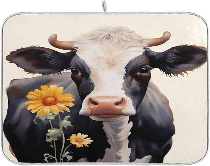 Dish Drying Mat Kitchen Counter Absorbent Flower Cow Coffee Sink Mat Dish Drainer Pad 18 Inch x 24 Inch
