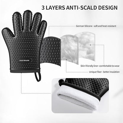 MAD SHARK Silicone Oven Mitts Heat Resistant 450 Degrees,Waterproof & Non-Slip Oven Gloves with Fingers,Cotton Lined Silicone Oven Gloves Kitchen Mitts for Baking Cooking Barbecue,Women,Oven(Black)
