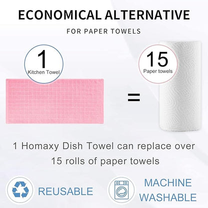 Homaxy 100% Cotton Terry Kitchen Towels(Pink, 13 x 28 inches), Checkered Designed, Soft and Super Absorbent Dish Towels, 6 Pack