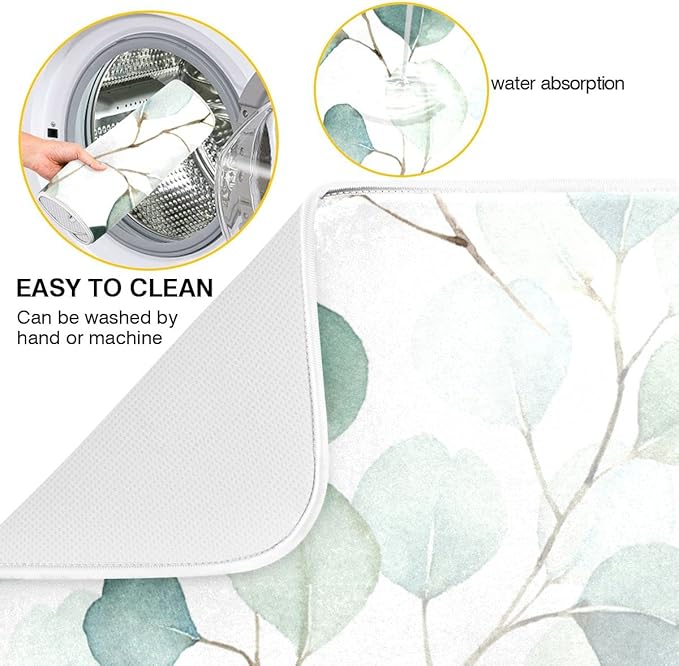 Sage Green Leaves Dish Drying Mat for Kitchen Counter Watercolor Branch Plant Drying Mat 16 x 18 Inch with High Absorbent Reversible Microfiber Dish Drying Pad Drainer Mat for Coffee Bar