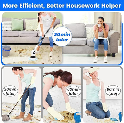 Electric Spin Scrubber, Cordless Power Shower Scrubber with 7 Scrub Brush, 3 Speeds, Adjustable Extension Handle, IPX7 Waterproof Electric Cleaning Brush for Bathroom Tub Tile Kitchen Car- White