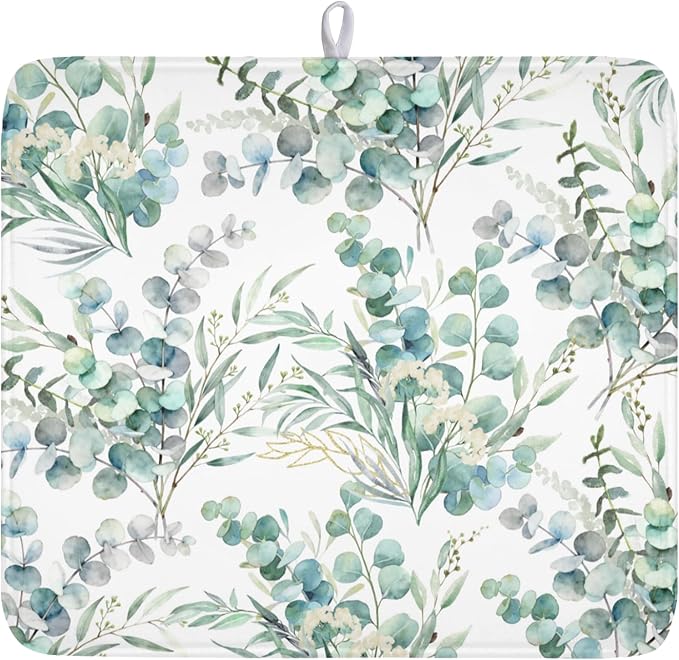Spring Sage Green Leaves Dish Drying Mat for Kitchen Counter Watercolor Eucalyptus Leaf Drying Mat 16x18 Inch Rustic Farmhouse Absorbent Dish Drainer Mat Kitchen Accessories