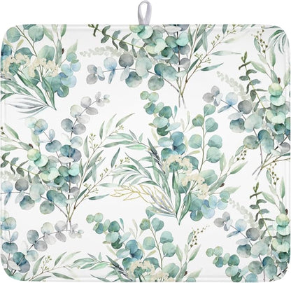 Spring Sage Green Leaves Dish Drying Mat for Kitchen Counter Watercolor Eucalyptus Leaf Drying Mat 16x18 Inch Rustic Farmhouse Absorbent Dish Drainer Mat Kitchen Accessories