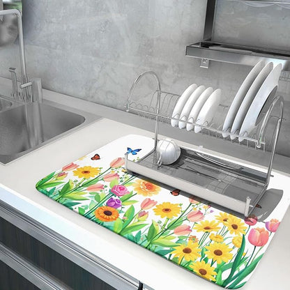 Hello Spring Flowers Green Dish Drying Mat 18 x 24 Inch With Absorbent Reversible Microfiber Butterfly Floral Spring Summer Drying Mats Fast Dry Pad Draining Mat For Kitchen Countertop