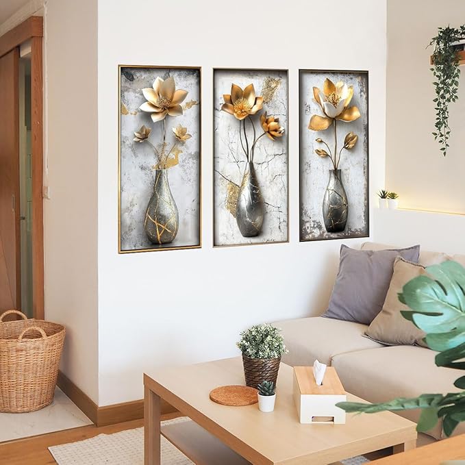 Runtoo 3D Flower Wall Art Stickers Gold Floral Vase Wall Decals Peel and Stick Living Room Bedroom Office Home Decor