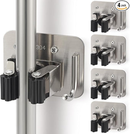 Broom Holder Wall Mount Screw Drilling, Sturdy Heavy Duty Stainless Steel Mop Gripper Rack Perforated, Perfect for Laundry Room Organizer, Fit with Laundry Kitchen Garage Garden Storage System