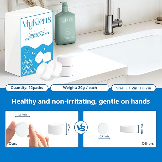 Toilet Bowl Cleaner Tablets, Automatic Toilet Bowl Cleaners with Bleach for Deodorizing and Descaling, Toilet Tabs Drop in Tank Against Tough Stains, 12 Packs
