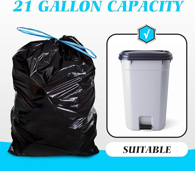 21 Gallon 120 Counts Strong Drawstring Trash Bags Garbage Bags by Teivio,Fit 20 Gal Bathroom Trash Can Bin Liners, Plastic Bags for home office kitchen, Black