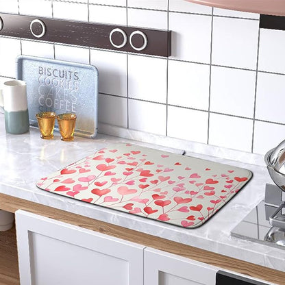 Valentines Pink Love Heart Dish Drying Mat Valentine Day Absorbent Microfiber Dish Drying Pad Heat Resistant Kitchen Counter Draining Mat Extra Large Dish Drainer Rack Mats 18x24 Inch