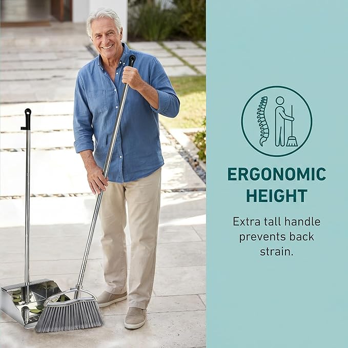 Metal Dustpan and Heavy Duty Broom Set, Stand Up Dustpan with Outdoor Stiff Bristles Broom for Hardwood Patio Room Office Floor Sweeping