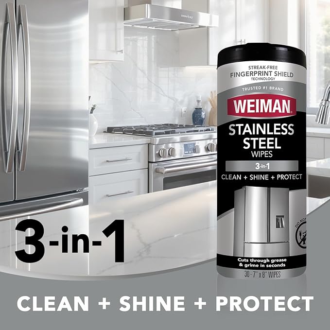 Weiman Stainless Steel Cleaner & Polish Kit, 2 Wipes & Cloth, Anti-Fingerprint, Removes Grease, Water Spots, Streaks & Residue, Polishing Cleaner Safe for Appliances, Chrome, Sinks & Grill Exteriors