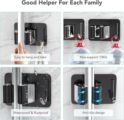homeasy Mop Broom Holder No Drill, Mop Broom Organizer Wall Mounted Heavy Duty with Hooks Hanger, Self Adhesive Stainless Steel 4Pcs for Bathroom, Kitchen, Office (Multicolor)