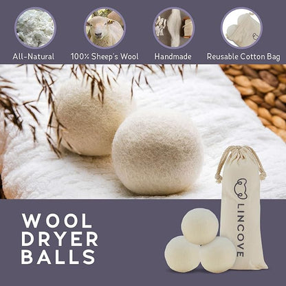 Wool Dryer Balls, 3 Pack – Natural Fabric Softener for Laundry, 100% Organic, Reusable for 1000+ Loads, Anti-Static, Reduces Drying Time, Baby Safe & Hypoallergenic Comes with Lincove Storage Bag